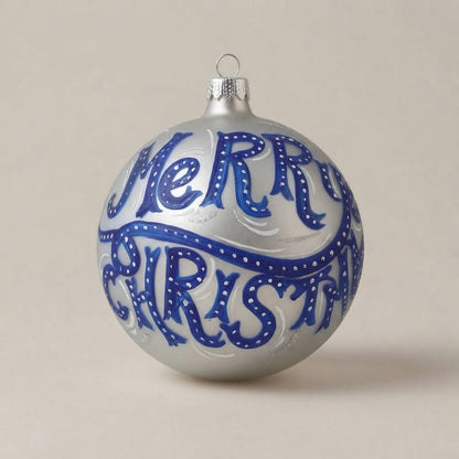 Palla di Natale scritta Merry Christmas blu su argento Ø 10 cm, vetro soffiato e dipinto a mano