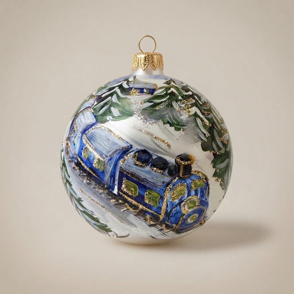 Christmas ornament with a little train in the snowy woods, 4 in (10 cm) – full view