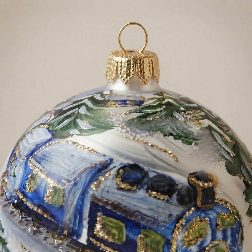 Christmas ornament with a little train in the snowy woods, 4 in (10 cm) – decoration detail