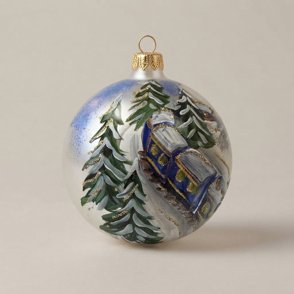 Christmas ornament with a little train in the snowy woods, 4 in (10 cm) – decoration detail