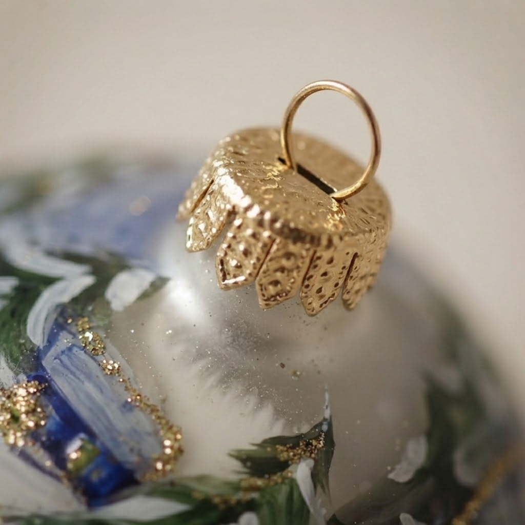 Christmas ornament with a little train in the snowy woods, 4 in (10 cm) – gold-tone cap