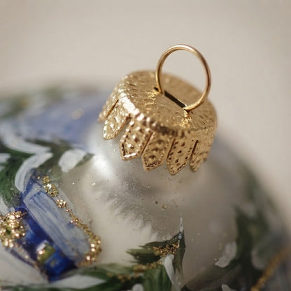 Christmas ornament with a little train in the snowy woods, 4 in (10 cm) – gold-tone cap