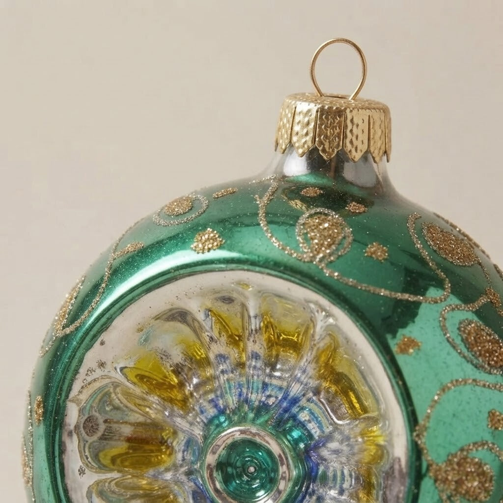 Dettaglio del decoro: palla di Natale verde e oro a riflettore, Ø 10 cm · Unica collection