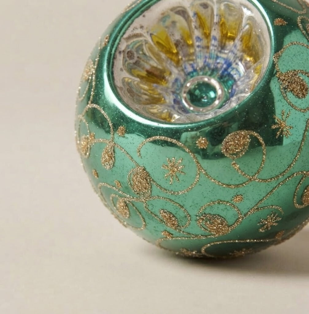 Dettaglio ravvicinato: palla di Natale verde e oro a riflettore, Ø 10 cm · Unica collection