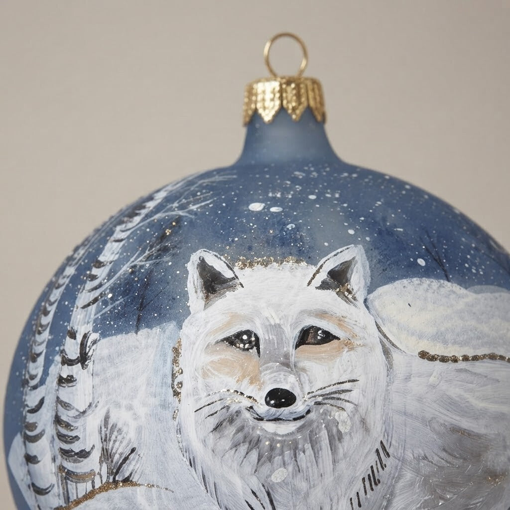 Dettaglio del decoro: palla di Natale volpe bianca nella neve, Ø 10 cm