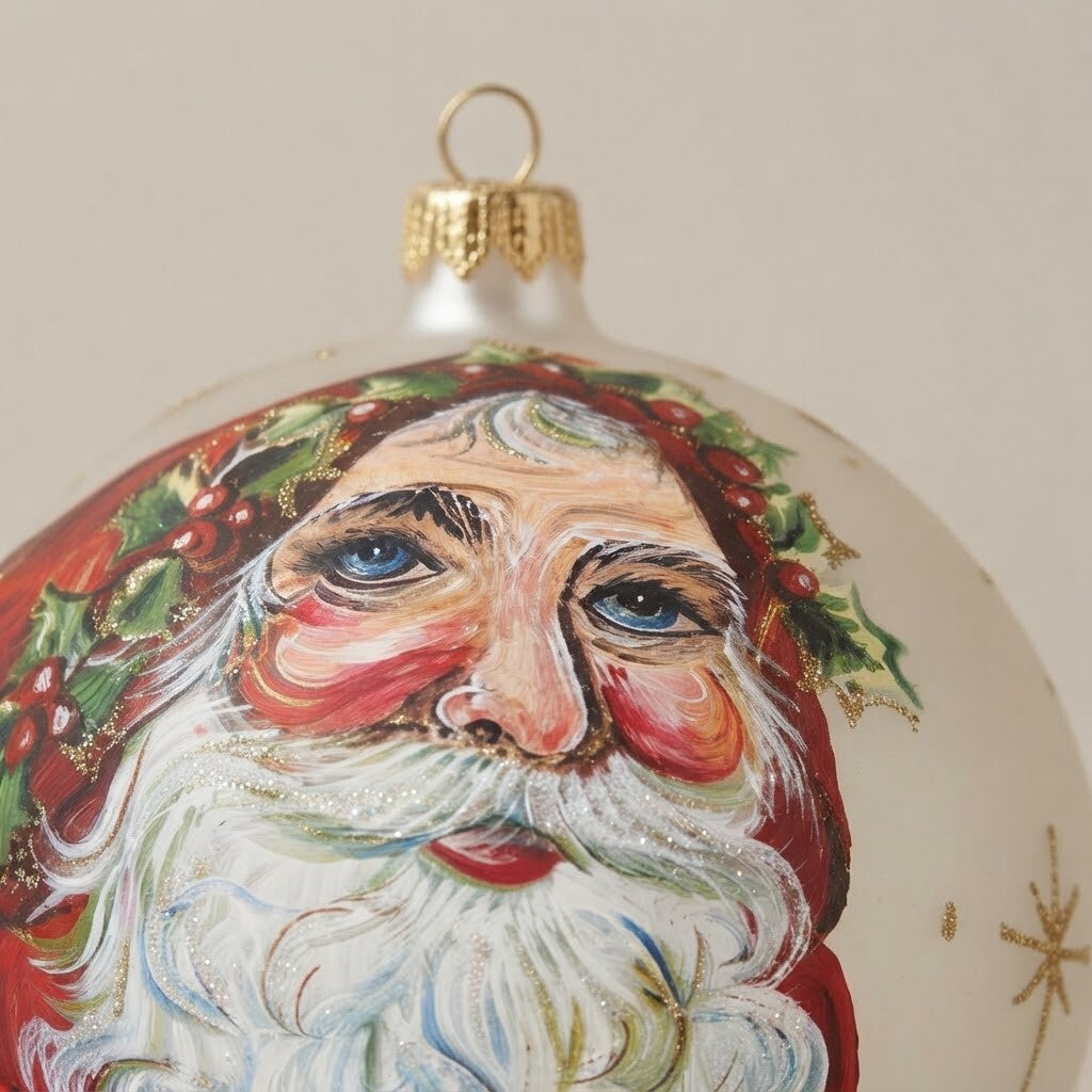 Dettaglio del decoro: palla di Natale volto di Babbo Natale con agrifoglio, Ø 12 cm