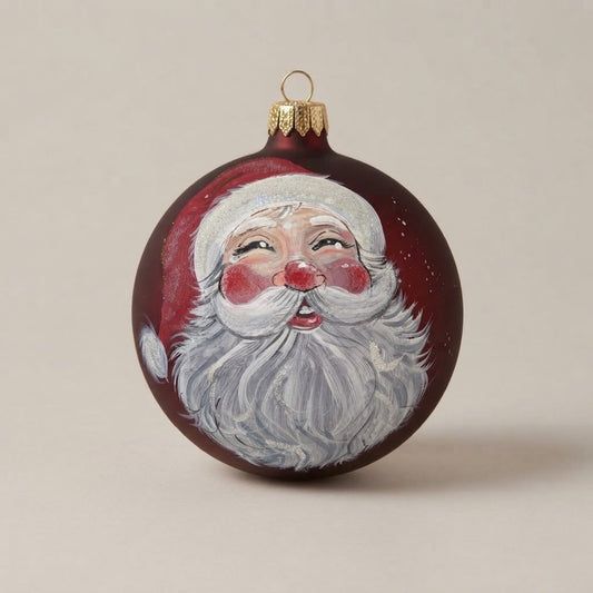 Palla di Natale volto di Babbo Natale su bordeaux Ø 10 cm, vetro soffiato e dipinto a mano