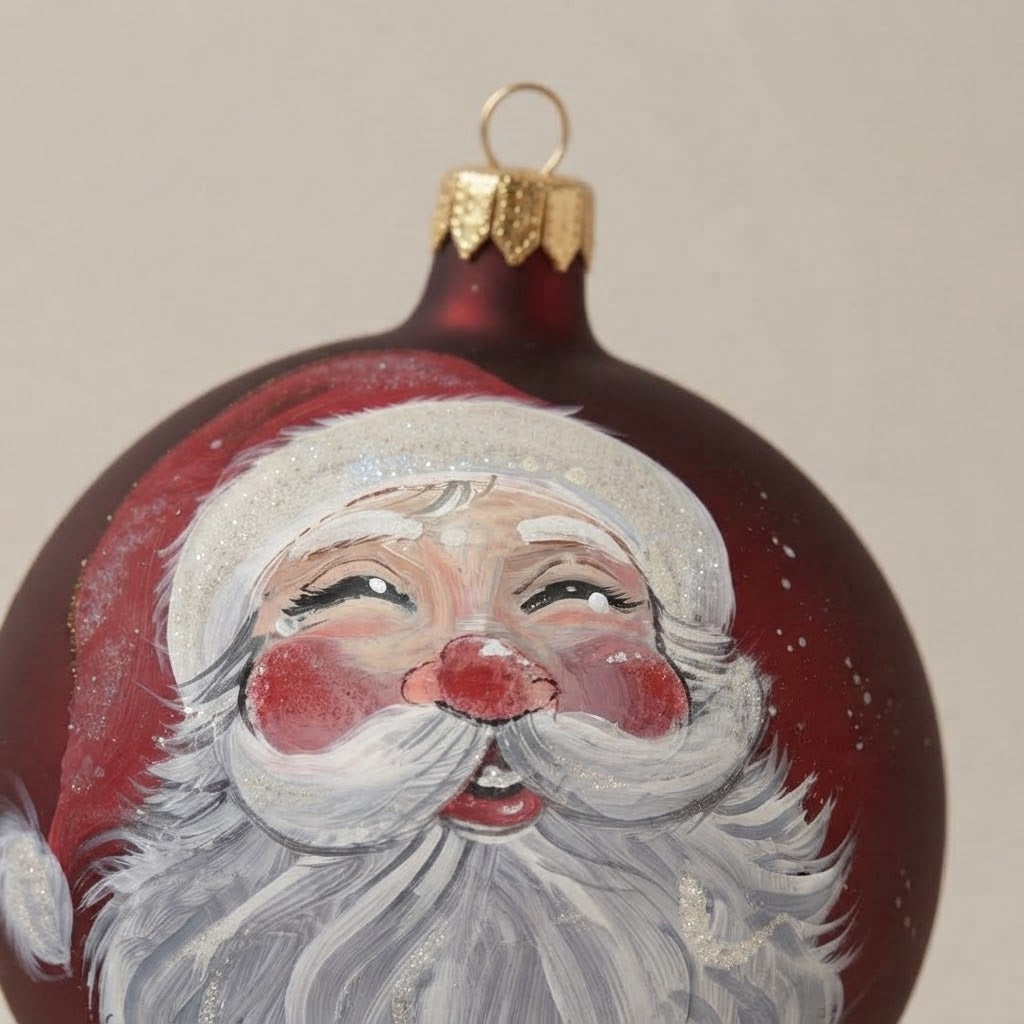 Close-up of the brush-painted decoration: Christmas ornament with Santa's face on burgundy