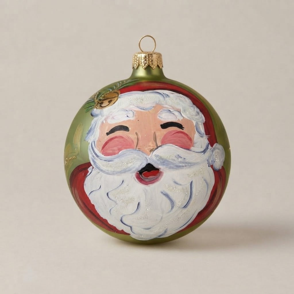 Christmas ornament with Santa's face on green, 4 in (10 cm), mouth-blown and hand-painted