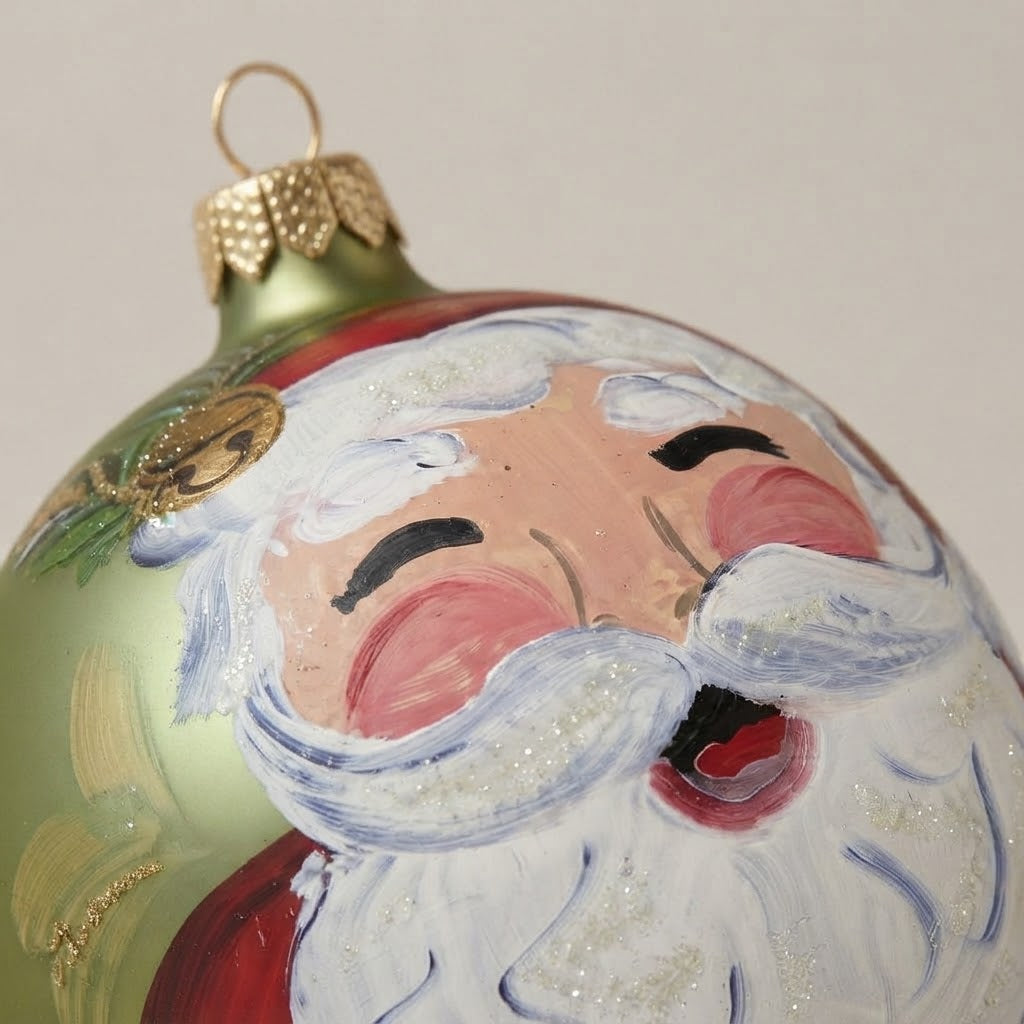 Close-up of the brush-painted decoration: Christmas ornament with Santa's face on green