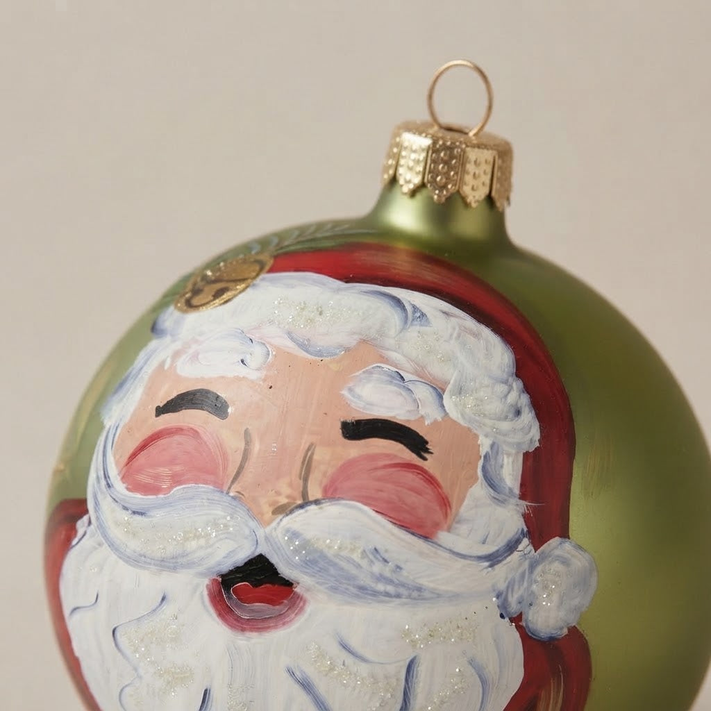 Detail of the mouth-blown, hand-painted glass Christmas ornament