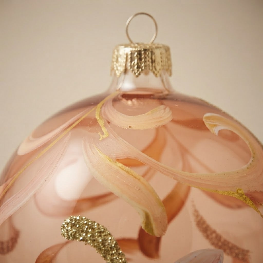 Dettaglio delle volute rosa e del glitter oro