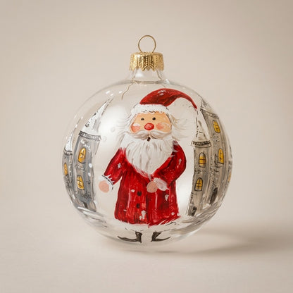 Palla di Natale Ø 10 cm dipinta a mano: Babbo Natale tra i palazzi della città