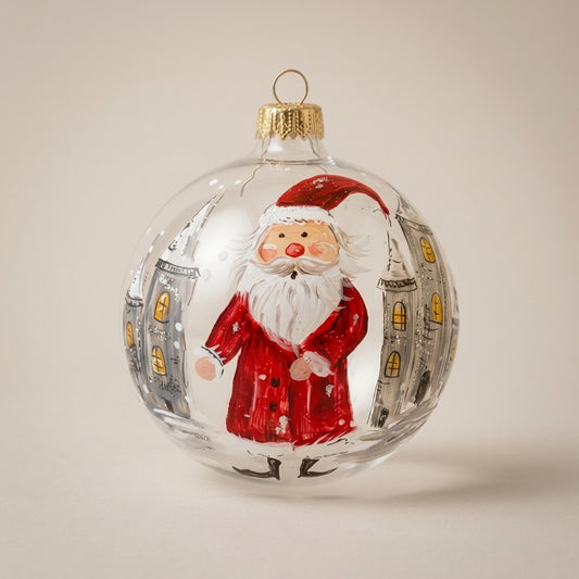Palla di Natale Ø 10 cm dipinta a mano: Babbo Natale tra i palazzi della città