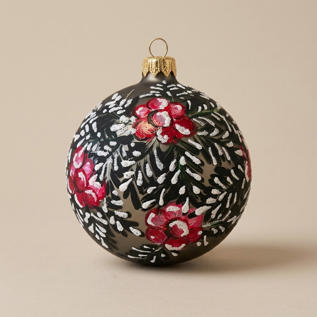 Palla di Natale Ø 10 cm dipinta a mano: fiori rossi e rametti bianchi su fondo bronzo scuro