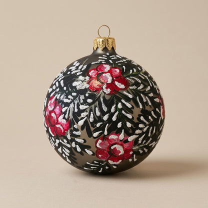 Palla di Natale Ø 10 cm dipinta a mano: fiori rossi e rametti bianchi su fondo bronzo scuro