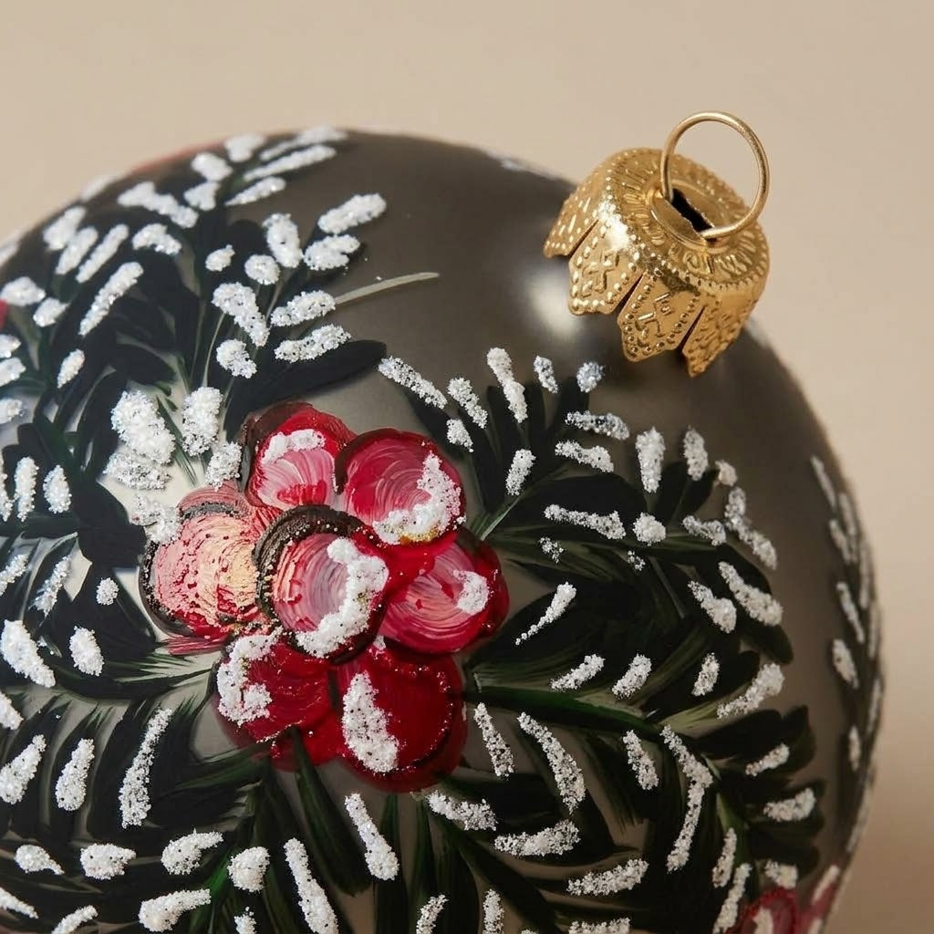 Dettaglio del decoro dipinto a pennello: fiori rossi e rametti bianchi su fondo bronzo scuro