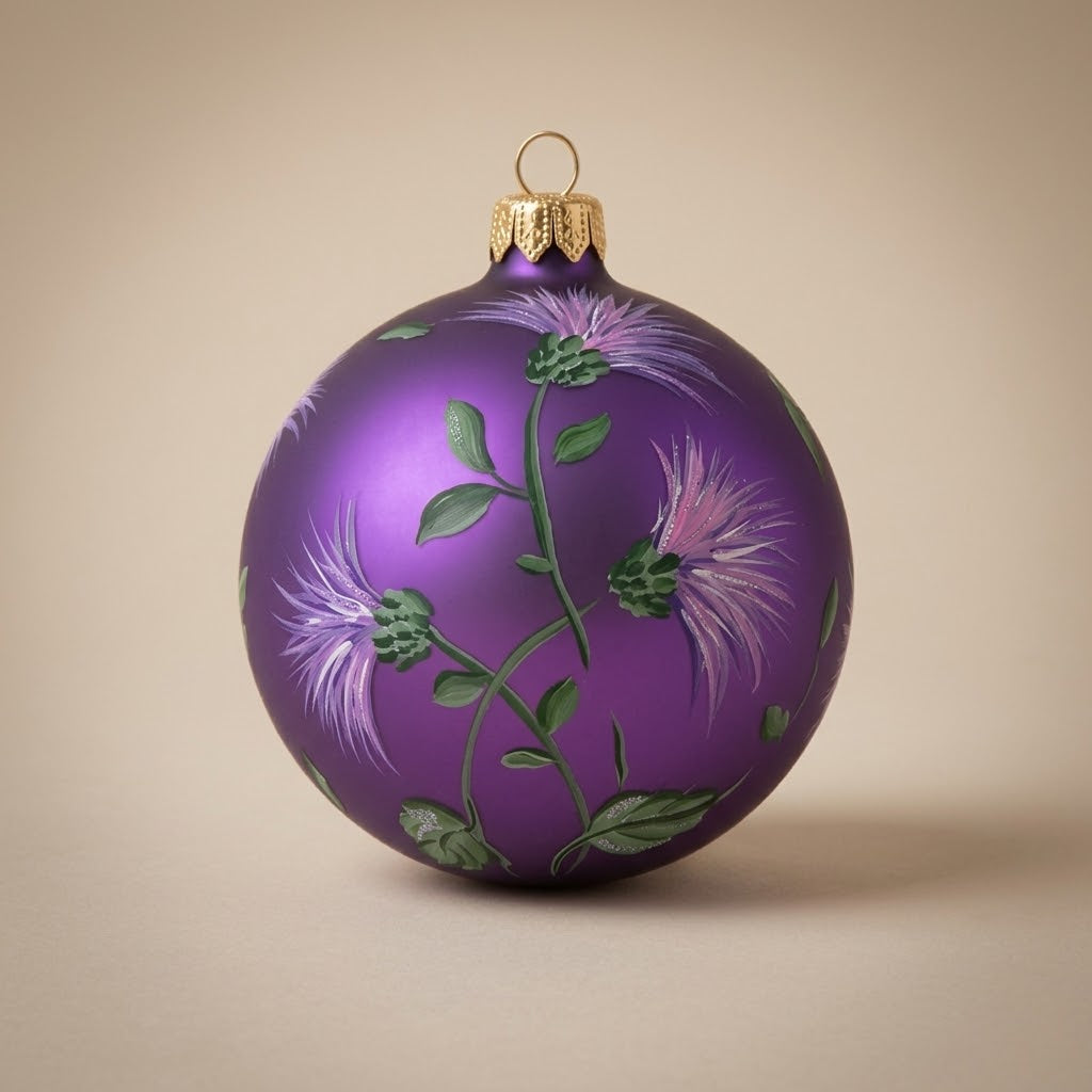 Palla di Natale Ø 10 cm dipinta a mano: fiori di cardo su fondo viola