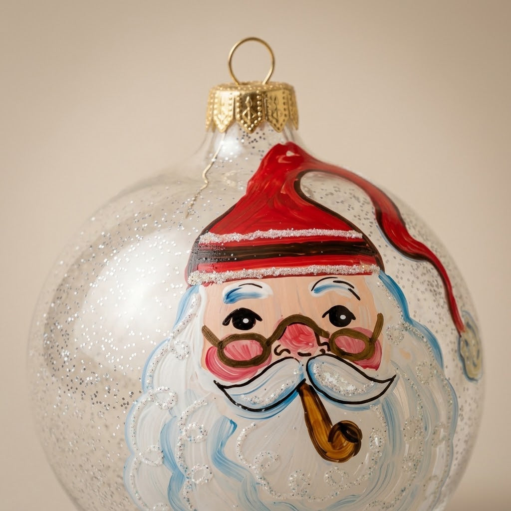 Dettaglio del decoro dipinto a pennello: volto di Babbo Natale con la pipa su vetro trasparente
