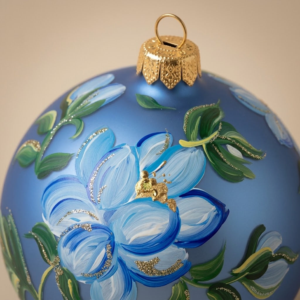 Dettaglio del decoro dipinto a pennello: grande fiore azzurro e foglie su fondo blu