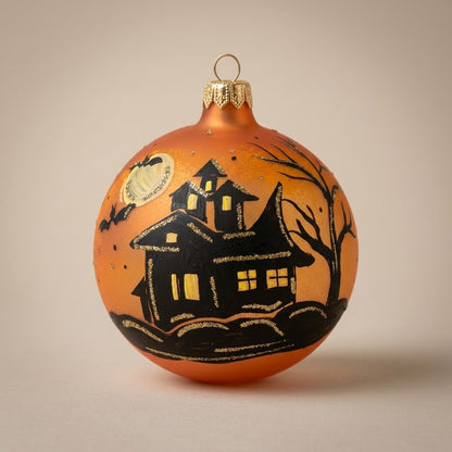Palla di Halloween Ø 10 cm dipinta a mano: casa stregata e alberi spogli su fondo arancione