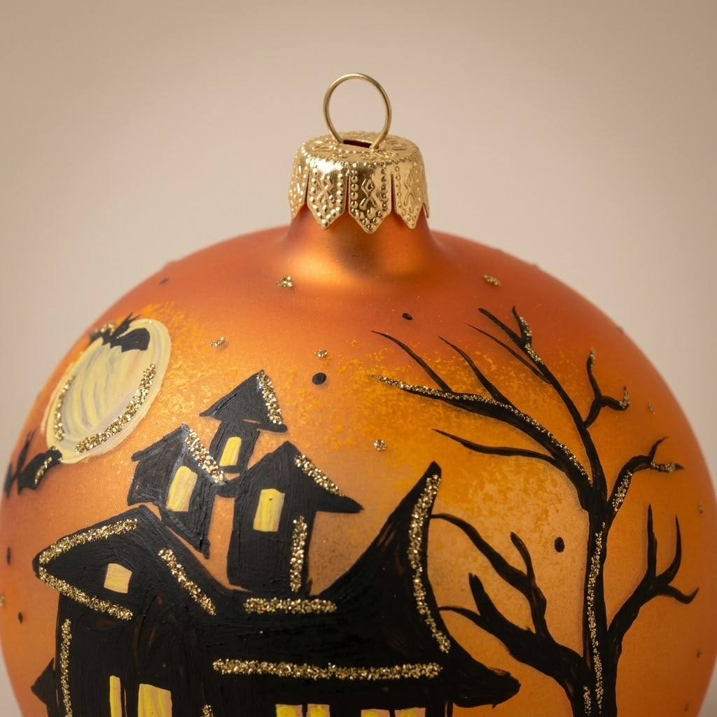 Dettaglio del decoro dipinto a pennello: casa stregata e alberi spogli su fondo arancione