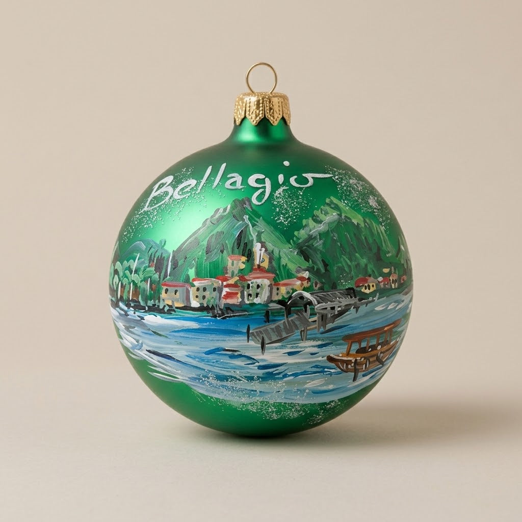 Palla di Natale Ø 10 cm dipinta a mano: Bellagio e il pontile sul lago con la scritta Bellagio