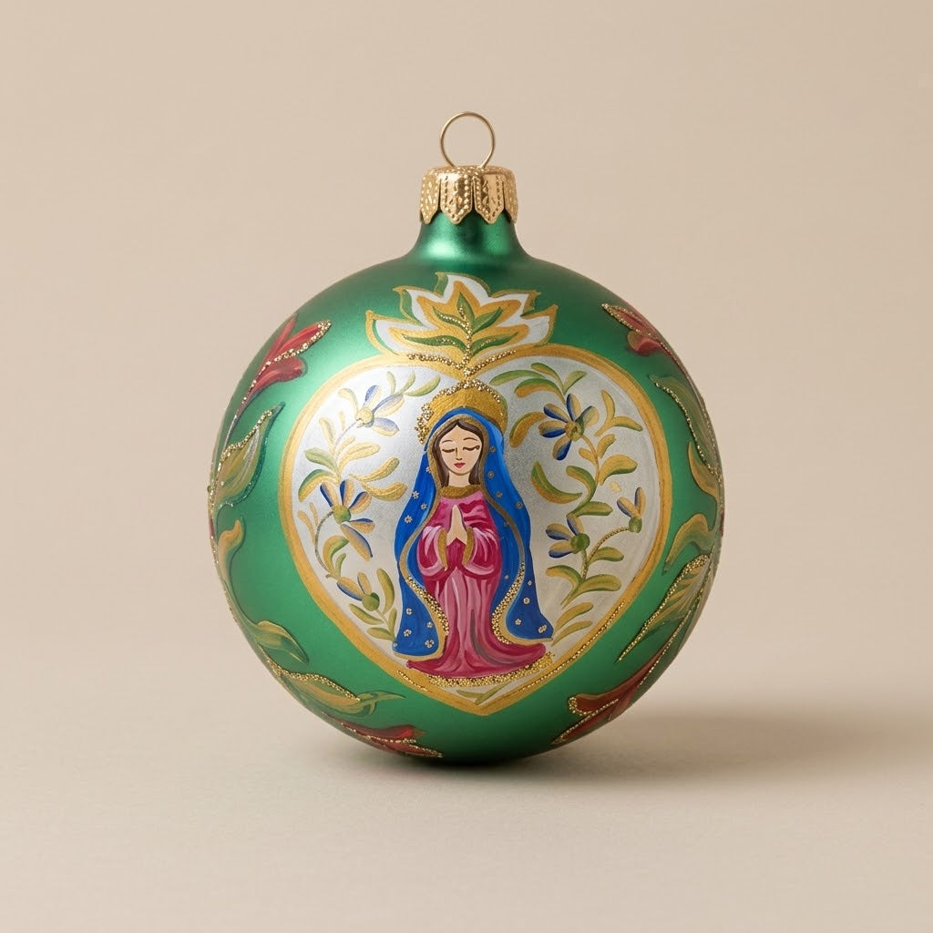 Palla di Natale Ø 10 cm dipinta a mano: Madonna in stile messicano dentro un cuore su fondo verde