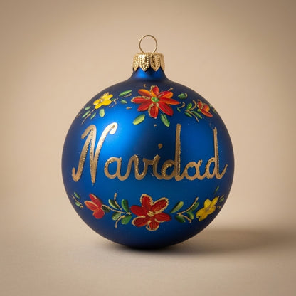 Palla di Natale Ø 10 cm dipinta a mano: scritta Navidad in oro e fiori su fondo blu