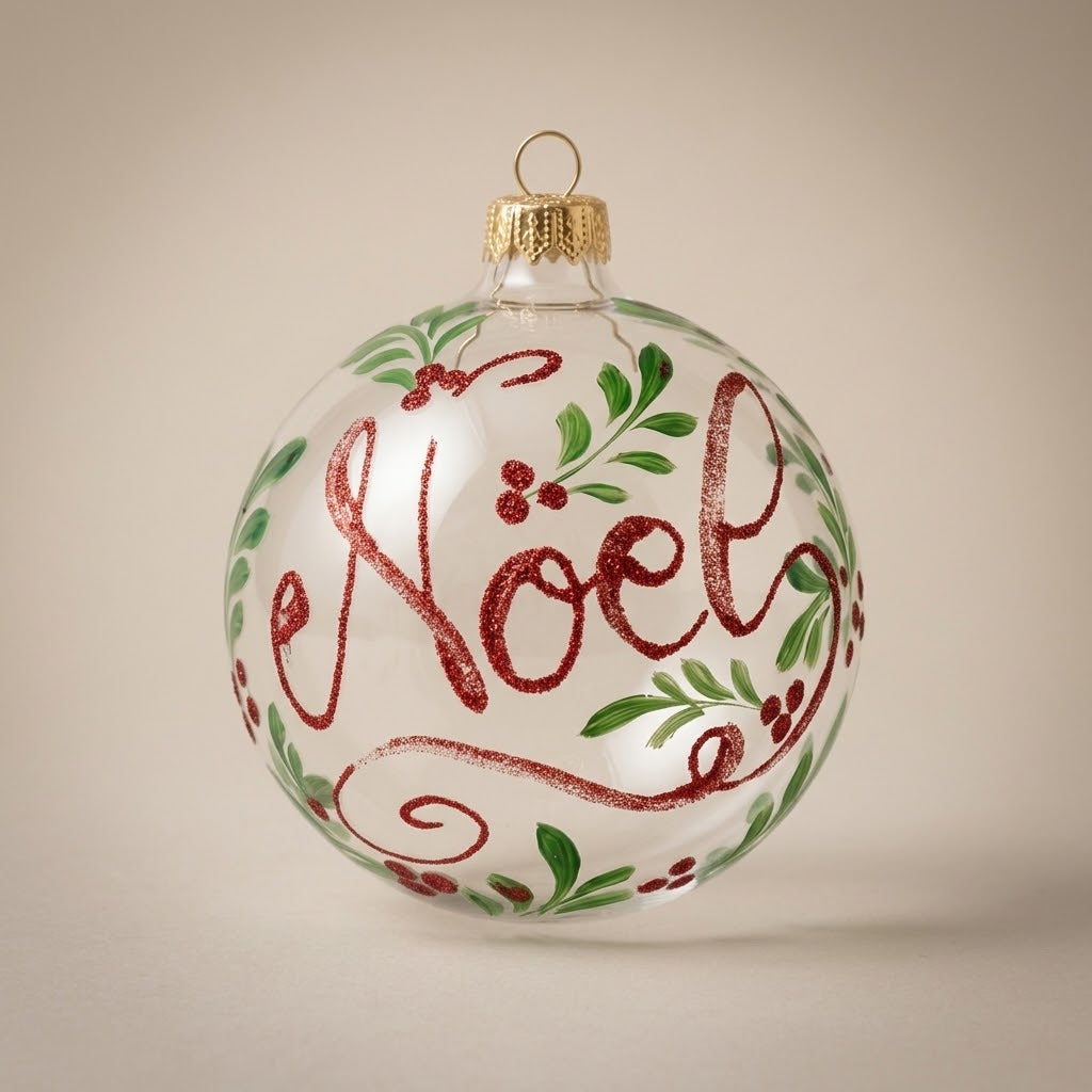 Palla di Natale Ø 10 cm dipinta a mano: scritta Noël in glitter rosso con foglie verdi su vetro trasparente
