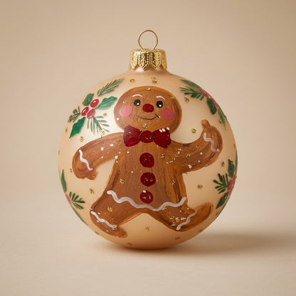 Palla di Natale Ø 10 cm dipinta a mano: omino di pan di zenzero su fondo crema