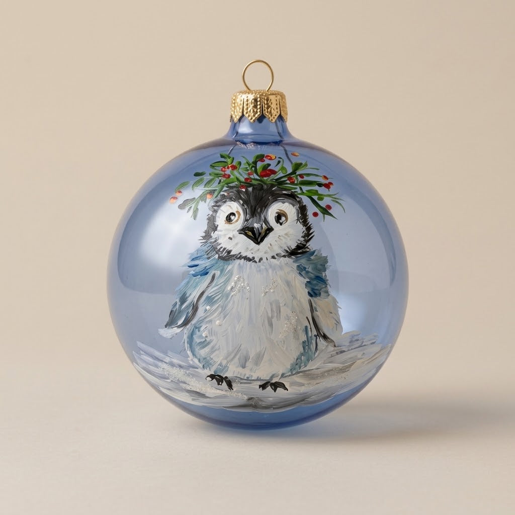 Palla di Natale Ø 10 cm dipinta a mano: pulcino di pinguino con coroncina di agrifoglio su vetro azzurro