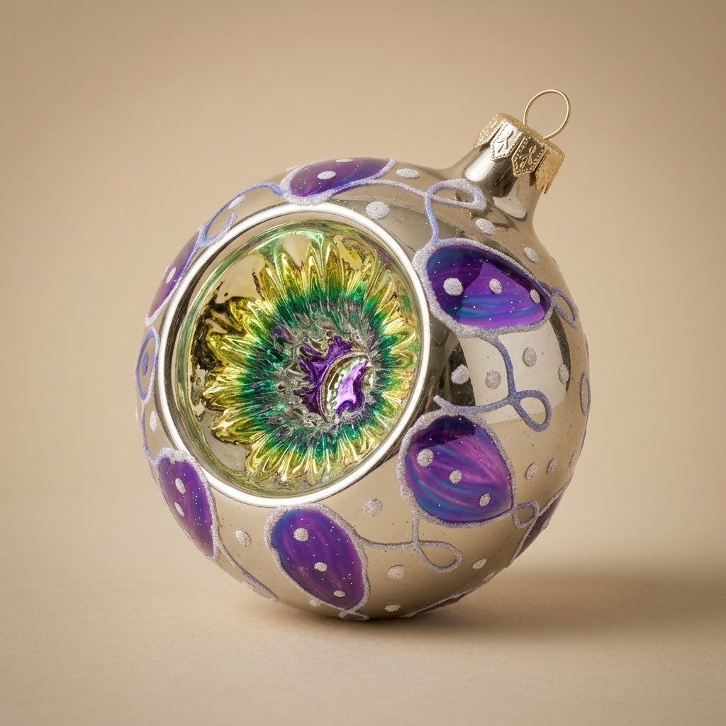 Dettaglio del decoro dipinto a pennello: palla vintage a riflettore argento e viola
