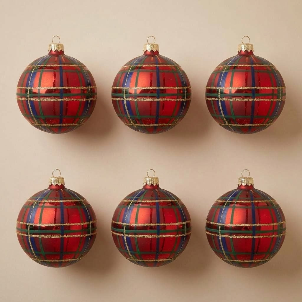 Set da 6 palle di Natale scozzesi rosse Ø 10 cm dipinte a mano