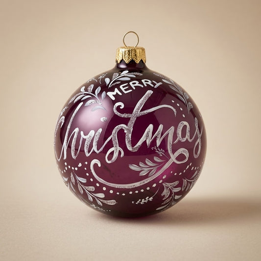 Palla di Natale Ø 10 cm dipinta a mano: scritta Merry Christmas bianca su fondo bordeaux