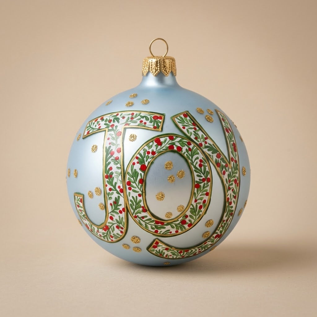 Palla di Natale Ø 10 cm dipinta a mano: scritta JOY decorata con agrifoglio su fondo azzurro