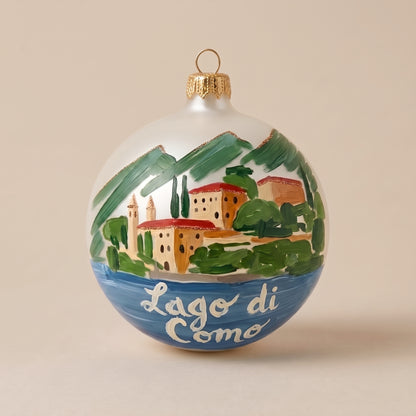 Palla di Natale Ø 10 cm dipinta a mano: Villa del Balbianello e scritta Lago di Como