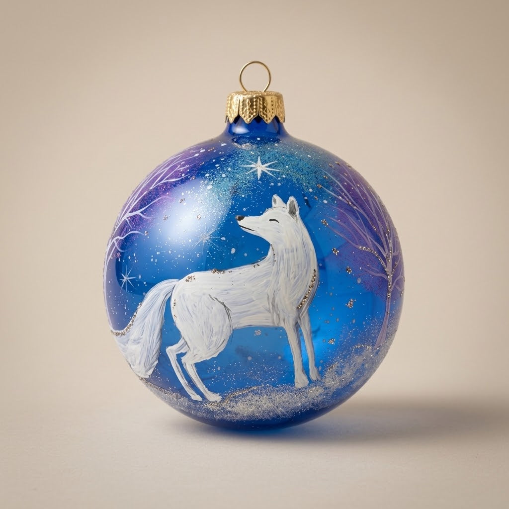Palla di Natale Ø 10 cm dipinta a mano: volpe bianca su vetro blu