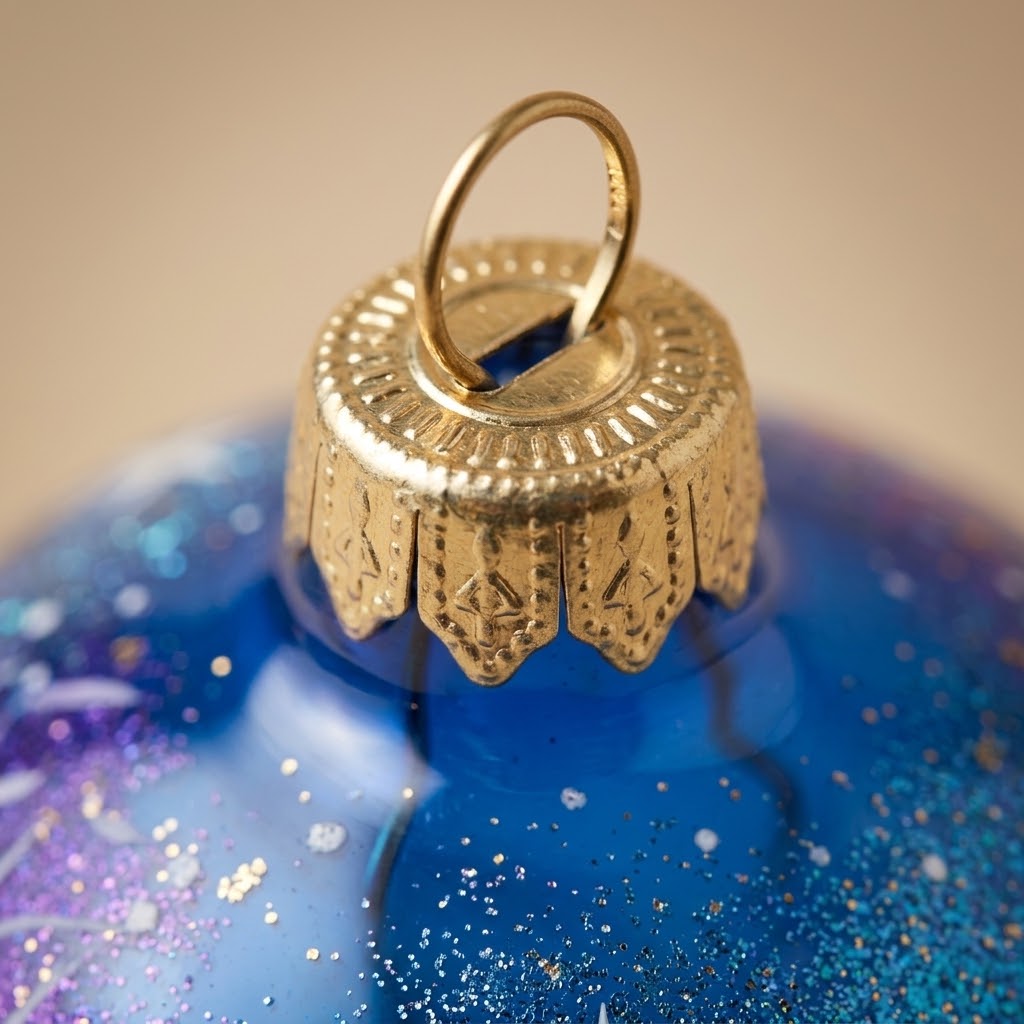 Cappuccio dorato e glitter sul vetro blu della palla di Natale