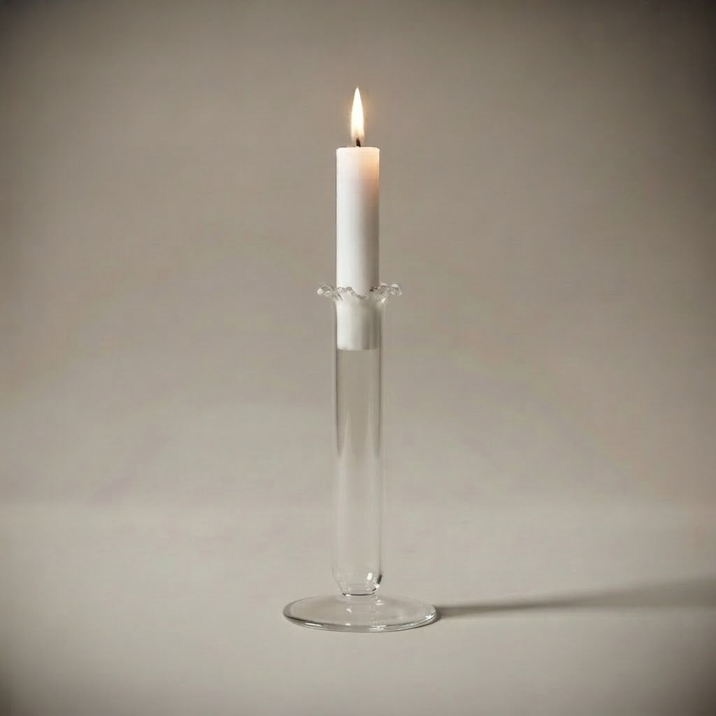 Smooth glass candle holder, 7 in (18 cm), with lit candle