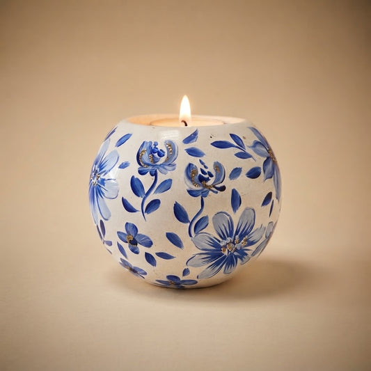 Tealight holder with blue flowers on white – full view