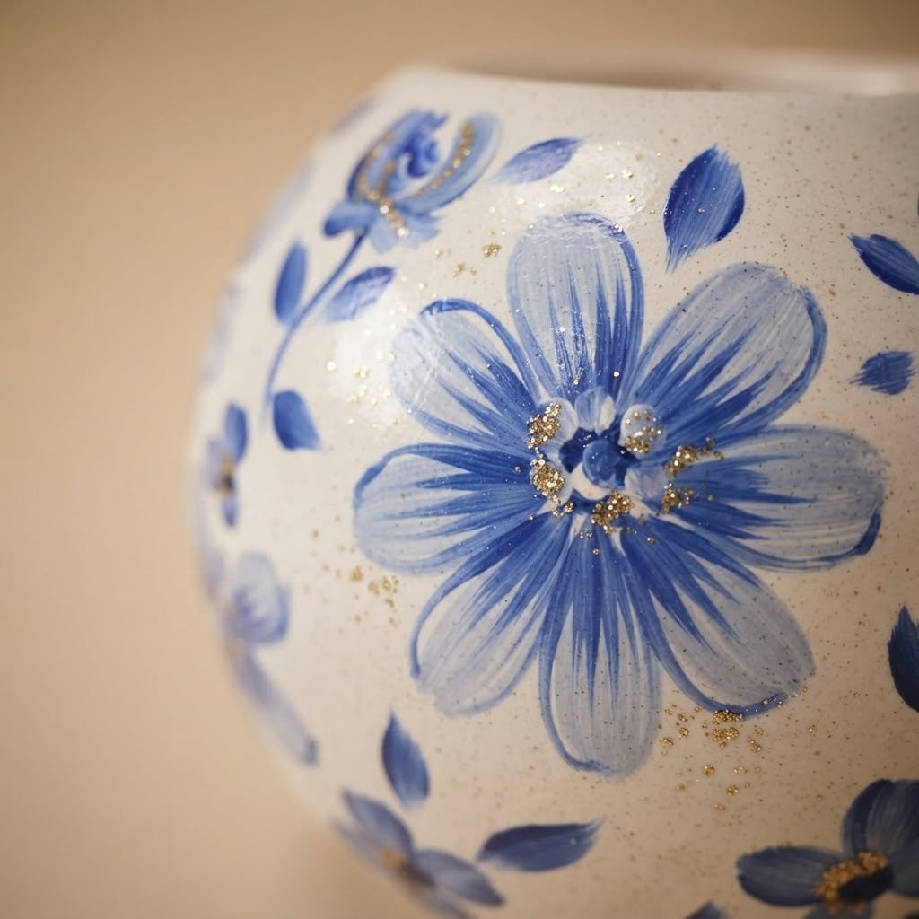 Tealight holder with blue flowers on white – decoration detail