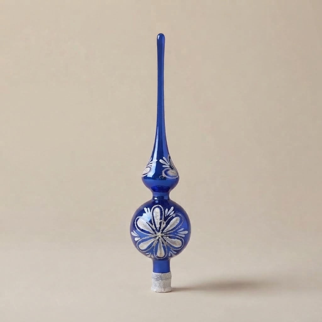 Puntale per albero di Natale blu con fiore in glitter argento