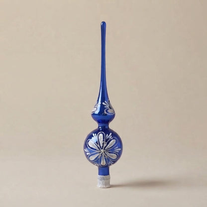 Puntale per albero di Natale blu con fiore in glitter argento