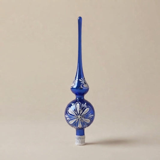 Puntale per albero di Natale blu con fiore in glitter argento
