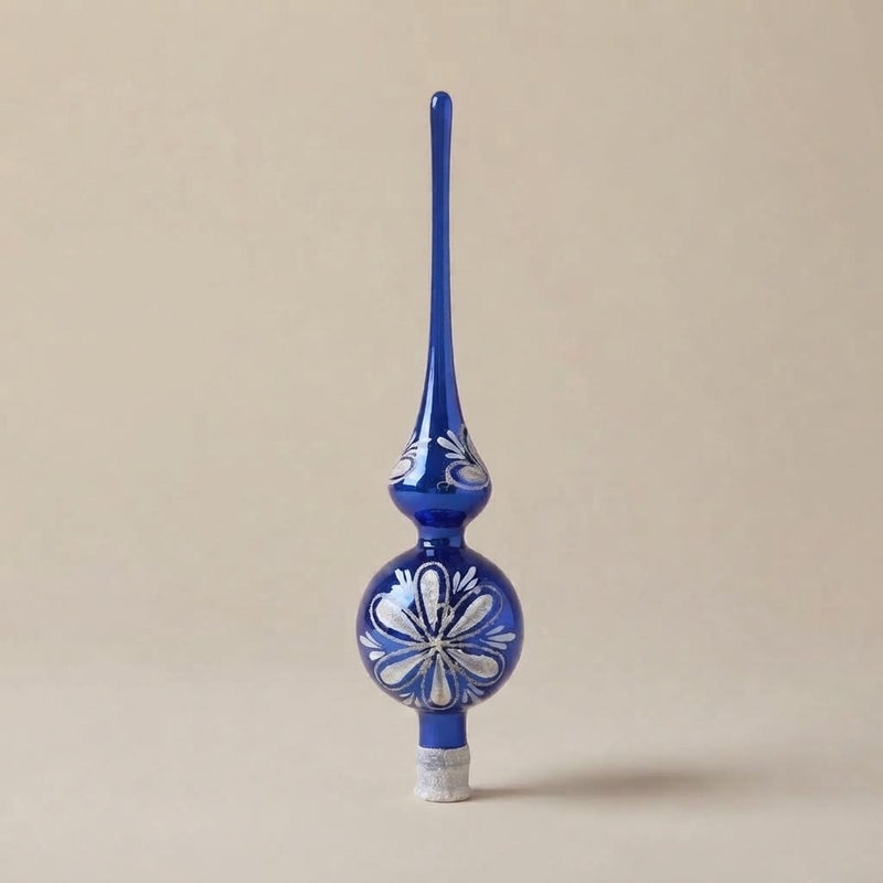 Puntale per albero di Natale blu con fiore in glitter argento
