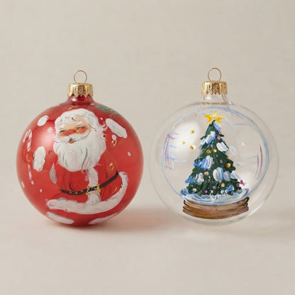 Set da 2 palle di Natale con Babbo Natale e un albero nella palla di neve, dipinte a mano