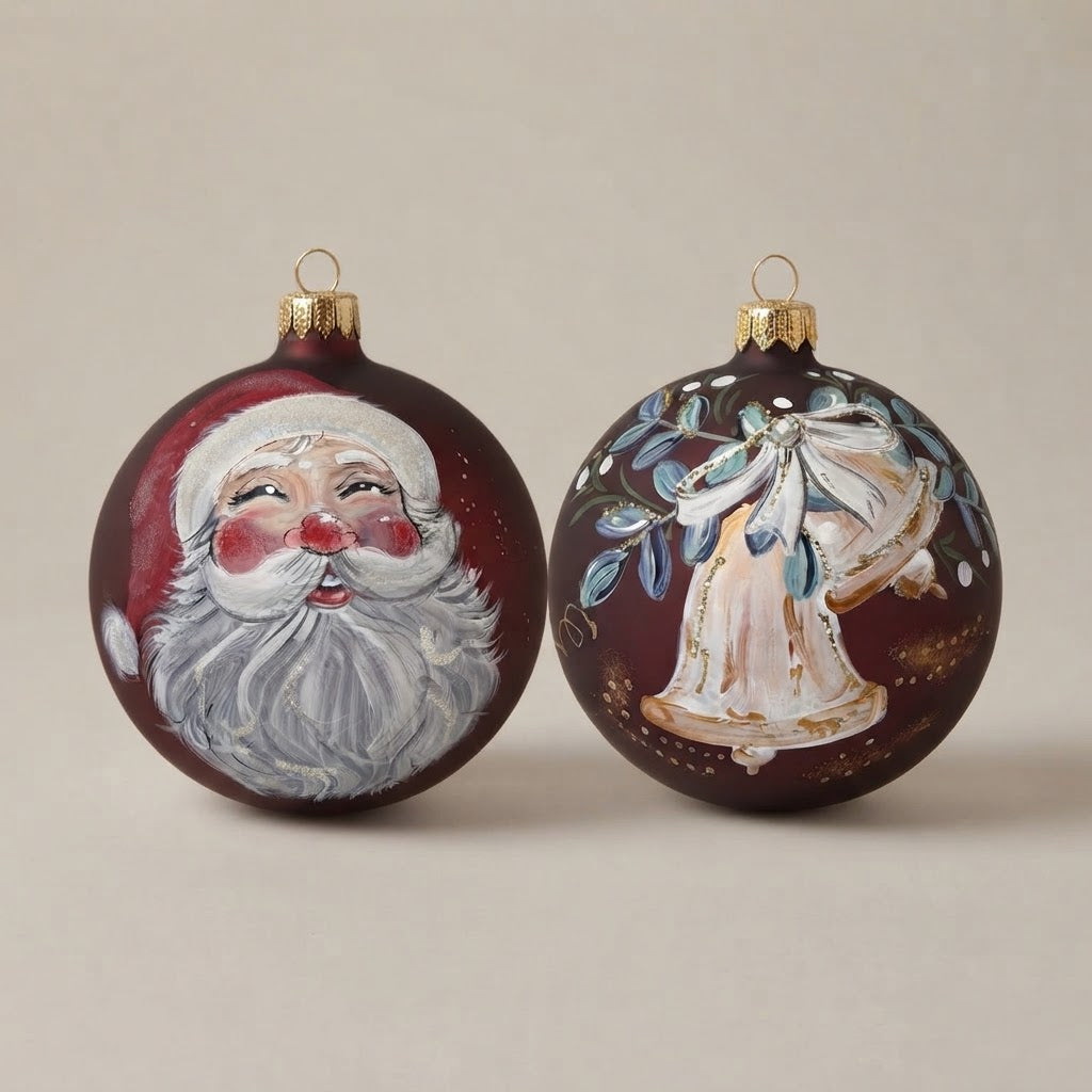 Set da 2 palle di Natale con Babbo Natale e campane su fondo bordeaux, dipinte a mano