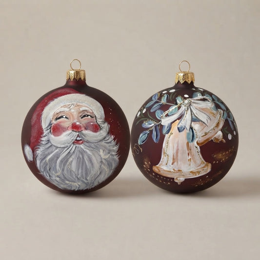 Set da 2 palle di Natale con Babbo Natale e campane su fondo bordeaux, dipinte a mano