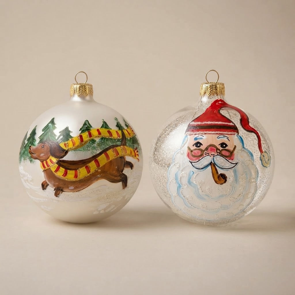 Set da 2 palle di Natale con un bassotto e Babbo Natale con la pipa, dipinte a mano